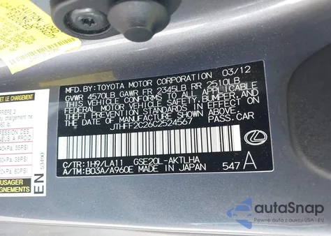 2012 Lexus Is 250C from USA, damaged, VIN JTHFF2C26C2524567